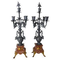Pair of French Art Nouveau Candelabras  Marble Zamac Candleholder, Early 20th C.