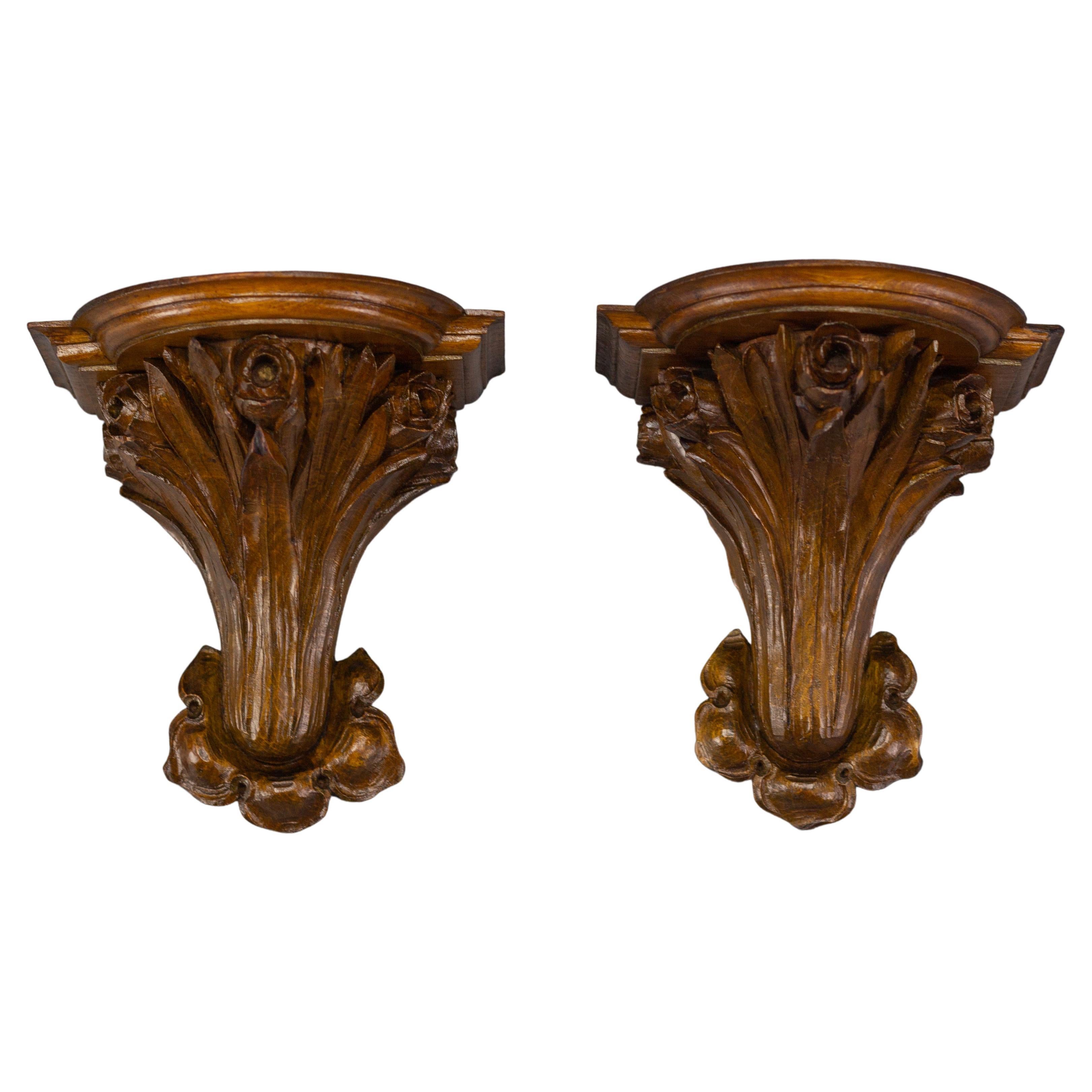Pair of French Art Nouveau Carved Wooden Wall Brackets, 1920s