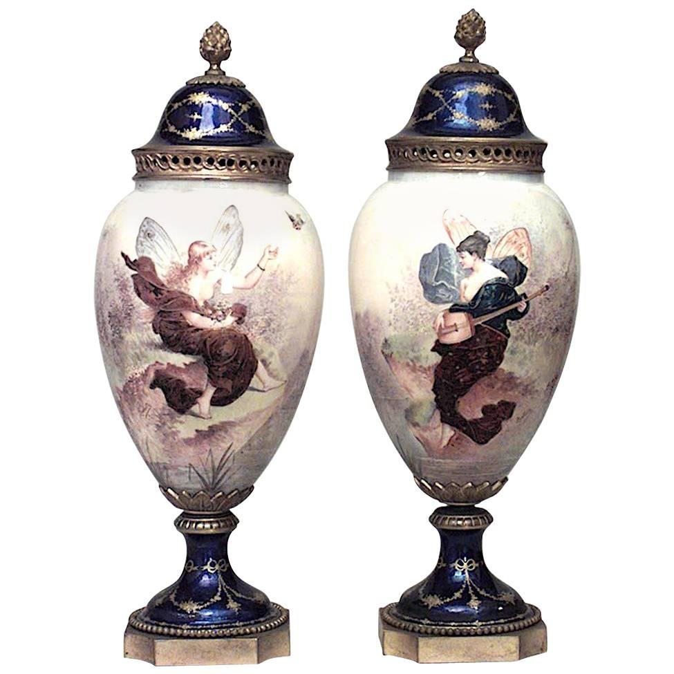 Pair of French Art Nouveau Enamel and Sevres Porcelain Vases For Sale