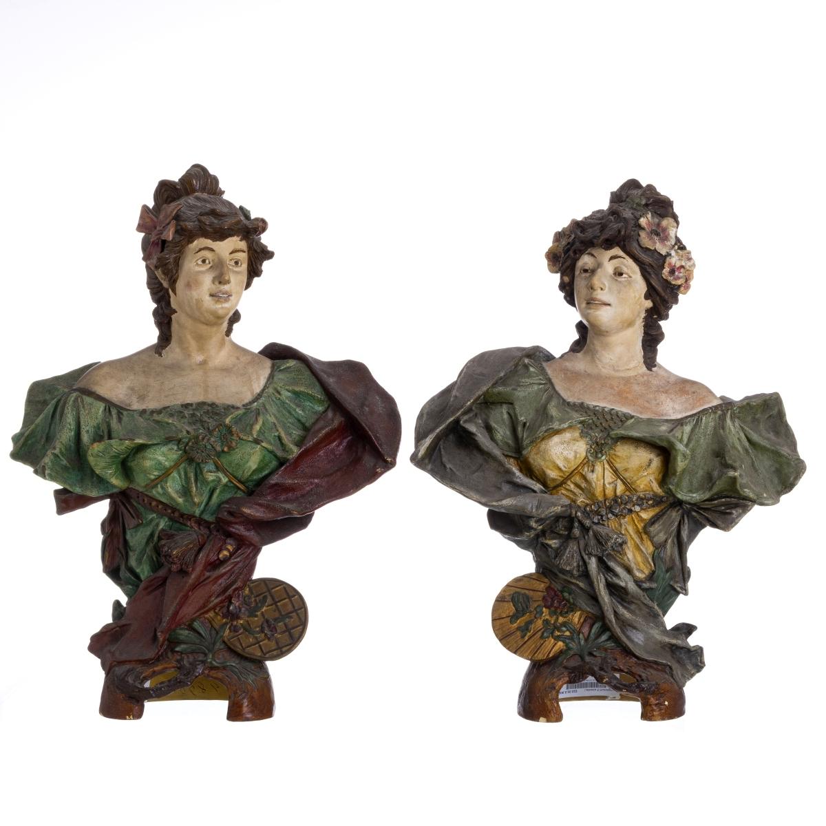 Terracotta Pair of French Art Nouveau Female Busts from the Beginning of the 20th Century For Sale