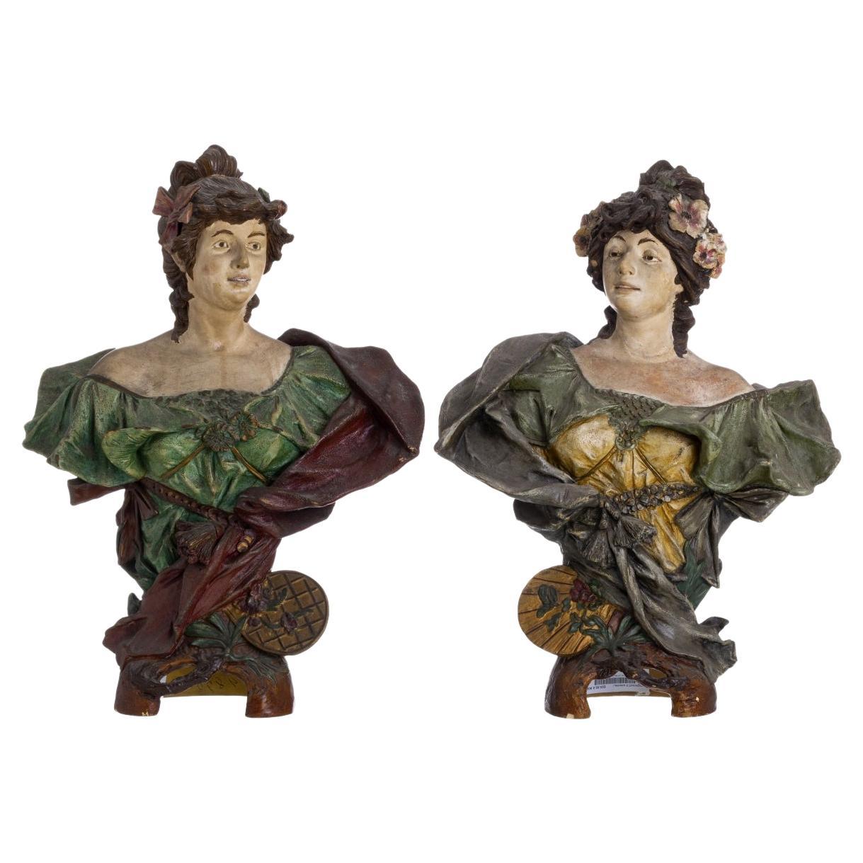 Paire de bustes féminins Art Nouveau français du début du XXe siècle