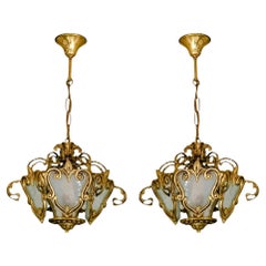 Pair of French Art Nouveau Gilt Bronze Lantern Chandeliers, Frosted Glass Panels