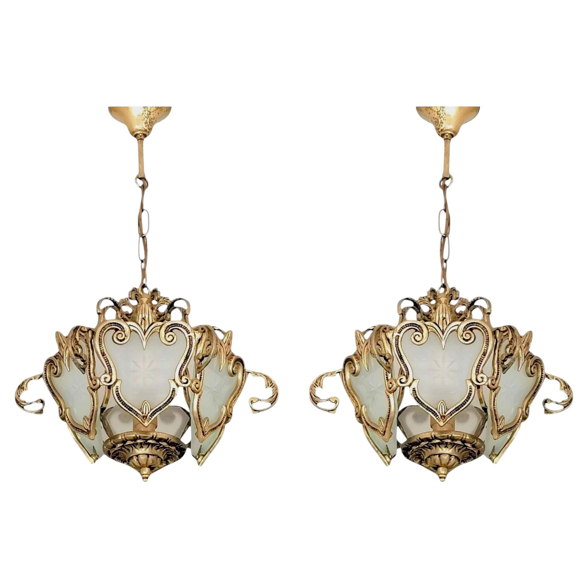 Pair of French Art Nouveau Gilt Bronze Lantern Chandeliers, Frosted Glass Panels