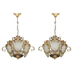 Pair of French Art Nouveau Gilt Bronze Lantern Chandeliers, Frosted Glass Panels