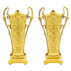 Vintage Pair of French Art Nouveau Gilt Bronze Vases