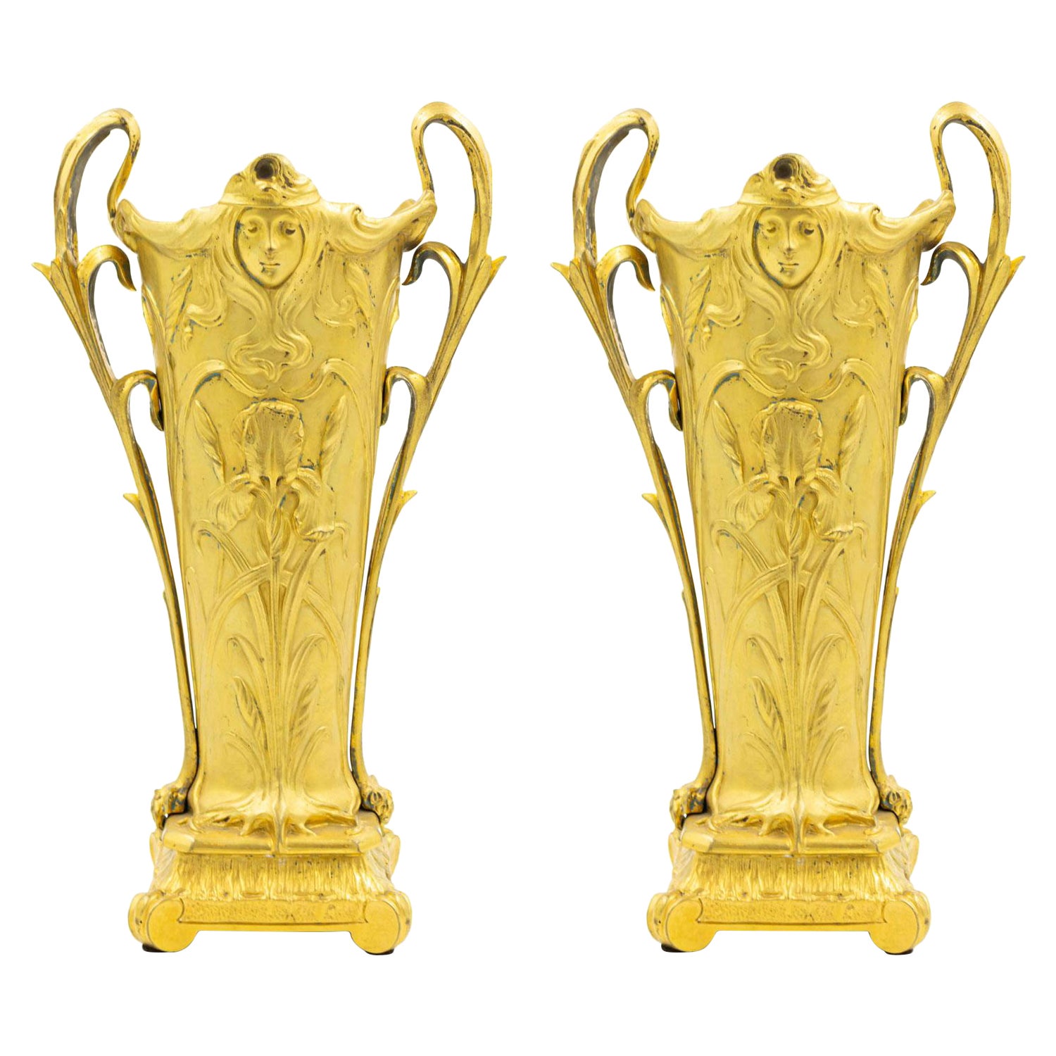 Pair of French Art Nouveau Gilt Bronze Vases For Sale