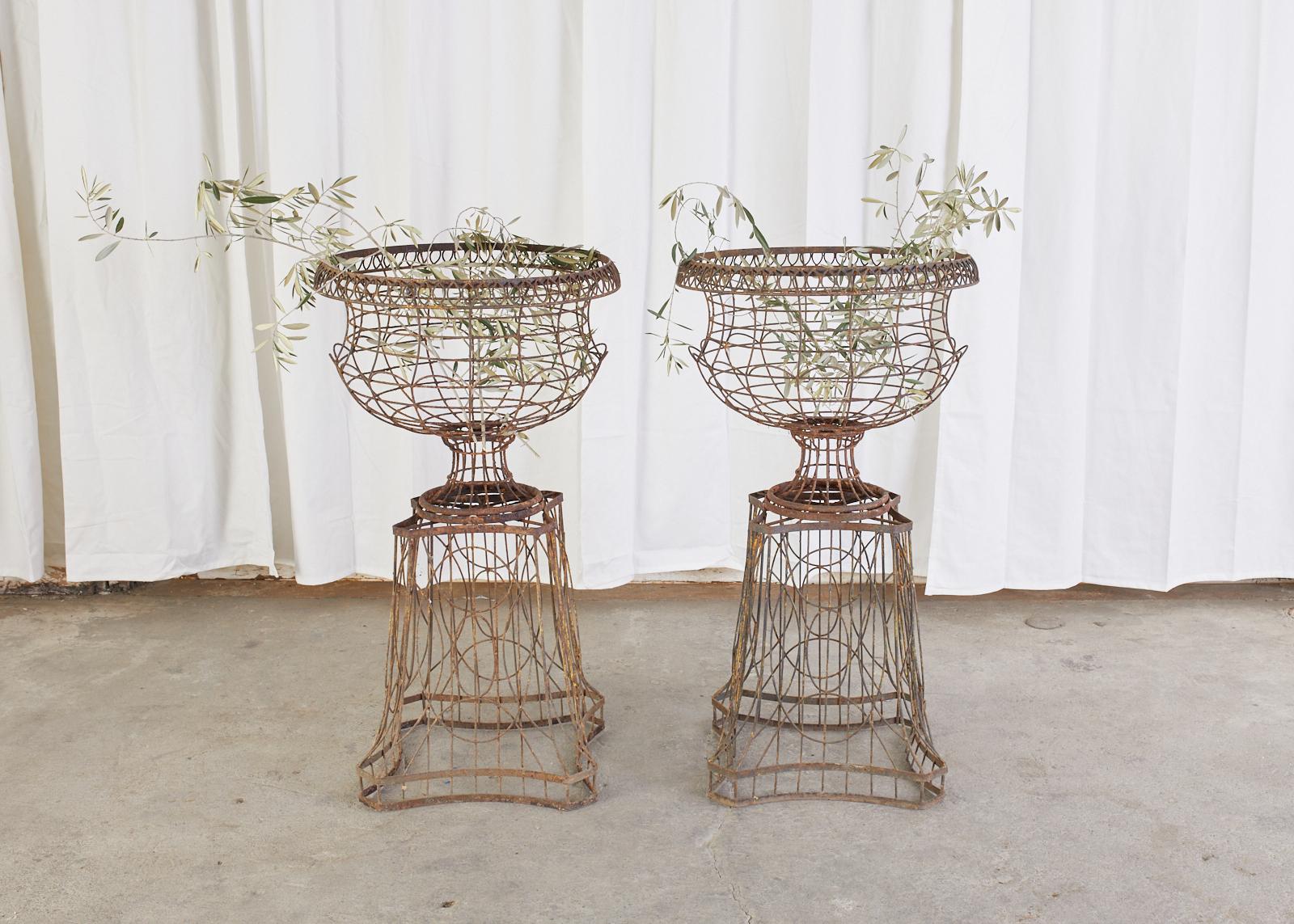 Fantastic pair of French Art Nouveau jardinieres on pedestal stands. Crafted from thick iron wire into graceful, whimsical forms with each standing 40 inches high. Decorated with beautiful curves and shapes the stands have a naturally inspired form