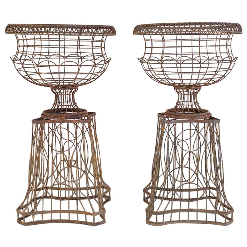 Pair of French Art Nouveau Iron Jardinieres on Stands