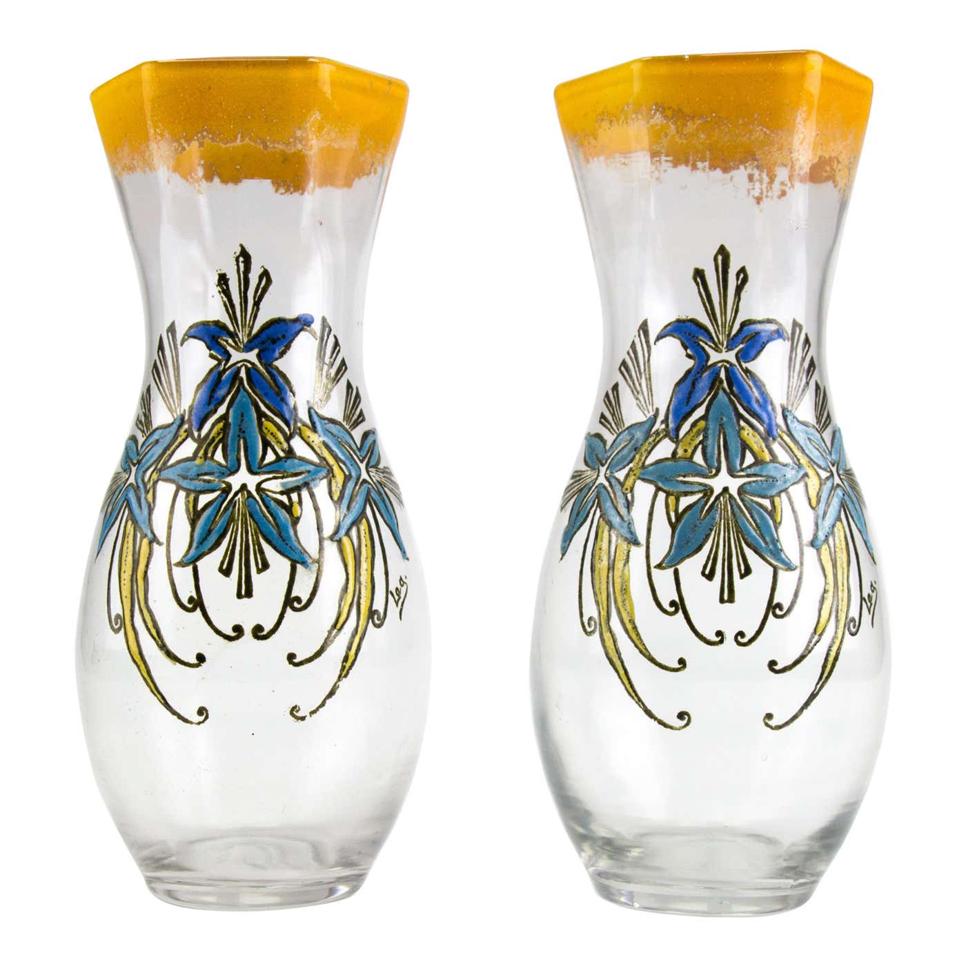 Pair Of French Art Nouveau Legras Enameled Glass Vases Early 20th