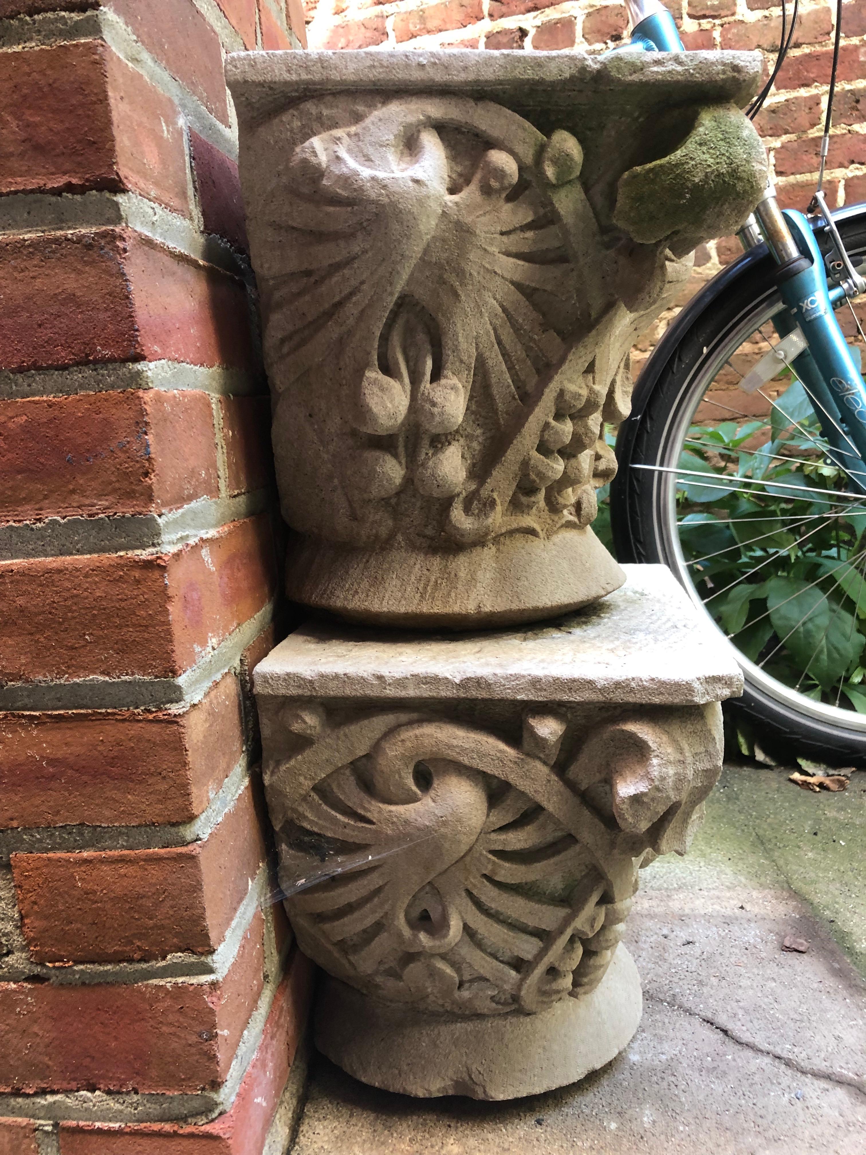 These hand carved capitals show the sinuous organic long lines of Art Nouveau as it starts to transition to Art Deco. The interlocking lotus palmettes are deeply carved with exceptional skill and wonderful relief. Perfect size for a table top or