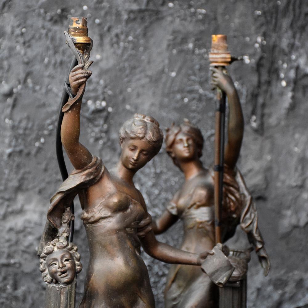 Pair of French Art Nouveau Mathurin Moreau Classical Spelter Table Lamp Figures 2