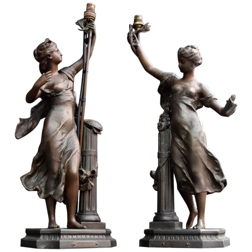 Pair of French Art Nouveau Mathurin Moreau Classical Spelter Table Lamp Figures