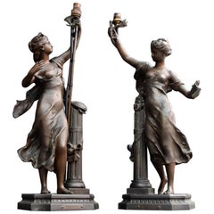 Antique Pair of French Art Nouveau Mathurin Moreau Classical Spelter Table Lamp Figures