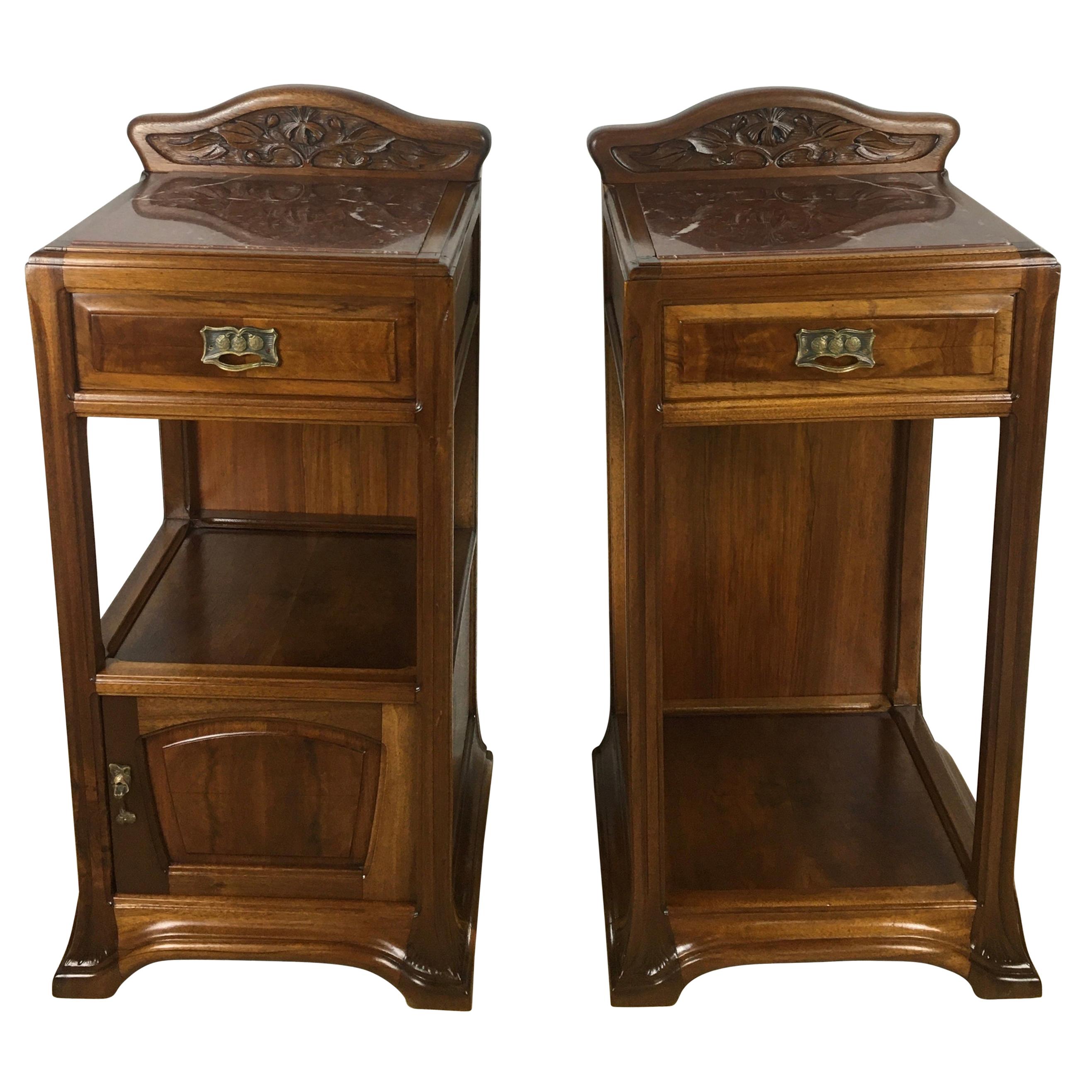 Pair of French Art Nouveau Art Deco Nightstands Marble Top Gauthier-Ponsignon