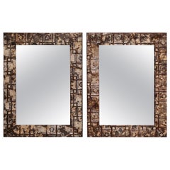 Pair of French Art Nouveau Patinated Painted Metal Mirrors with Geometric Decor