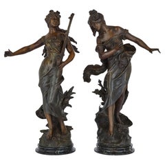Antique Pair of French Art Nouveau Patinated Spelter Sculptures