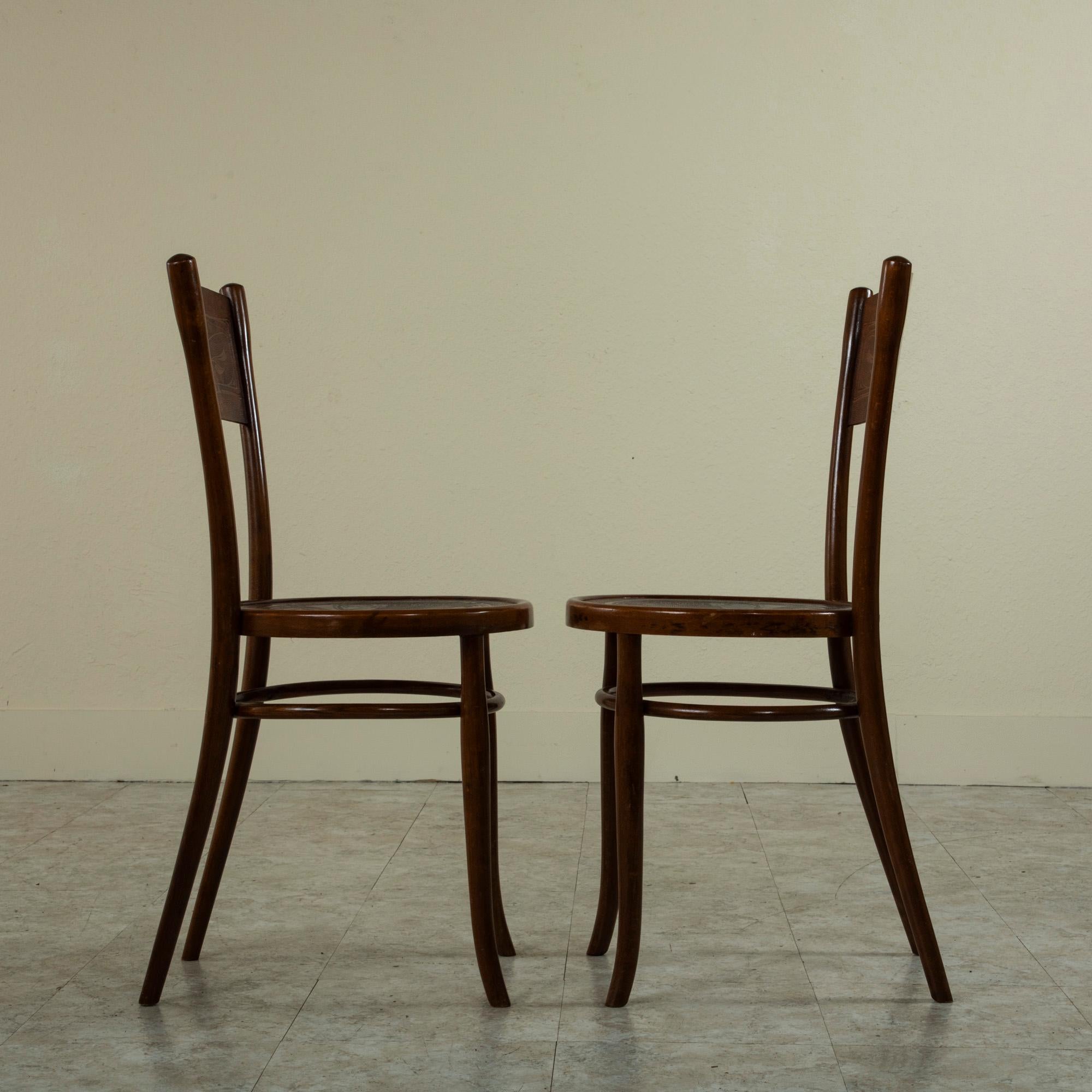 Early 20th Century Pair of French Art Nouveau Period Bentwood Bistro Chairs, Pressed Seats, c. 1900