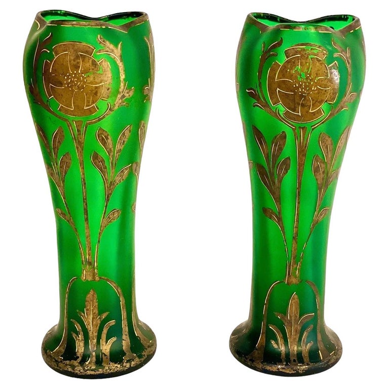 Pair of 19th Century French Green Glass Vases For Sale at 1stDibs