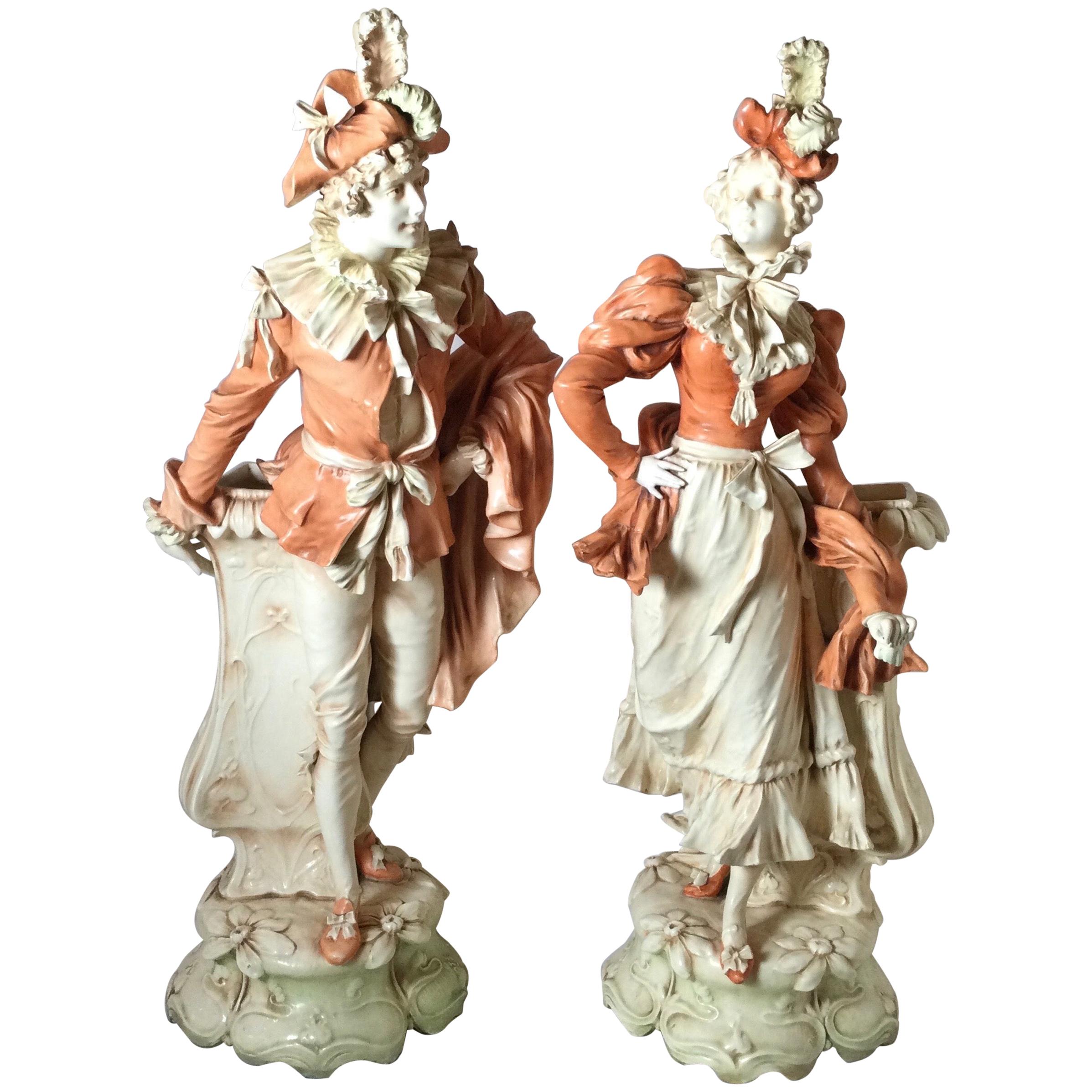 Pair of French Art Nouveau Porcelain Large Figural Vases