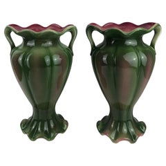 Pair of French Art Nouveau Porcelain Vases, Pink and Green