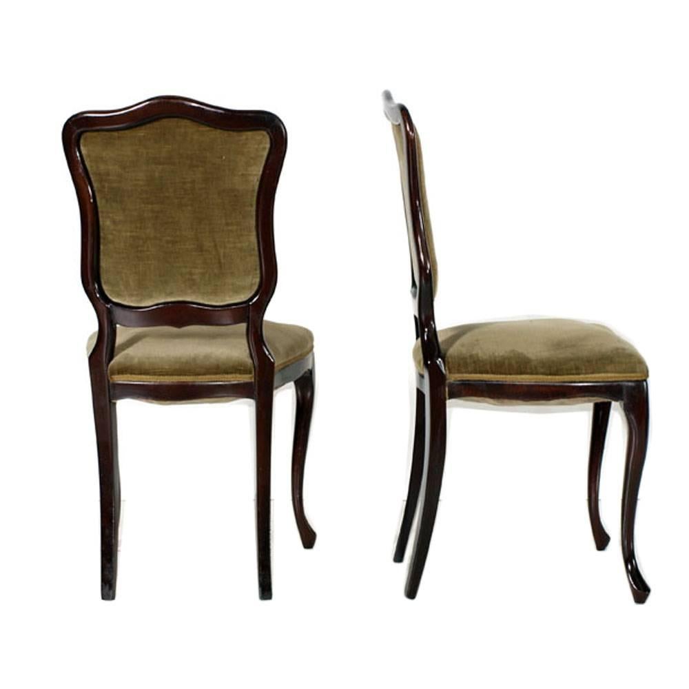 Art nouveau Paire de chaises d'appoint Art Nouveau en acajou massif Sprig Seat Green Velvet en vente