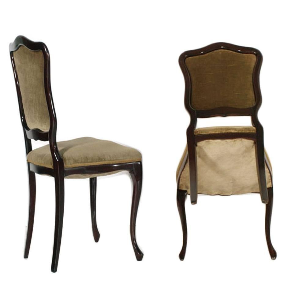 20th Century Pair of French Art Nouveau Side Chairs in Solid Mahogany Sprig Seat Green Velvet For Sale