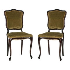 Pair of French Art Nouveau Side Chairs in Solid Mahogany Sprig Seat Green Velvet
