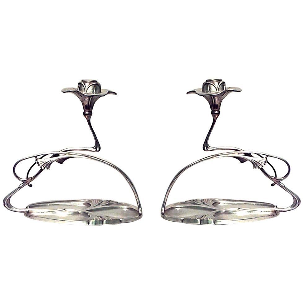 Pair of French Art Nouveau Silver Plate Candlesticks