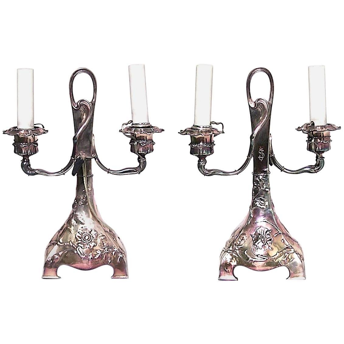 Pair of French Art Nouveau Silver Plate Candelabras For Sale