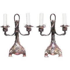 Pair of French Art Nouveau Silver Plate Candelabras