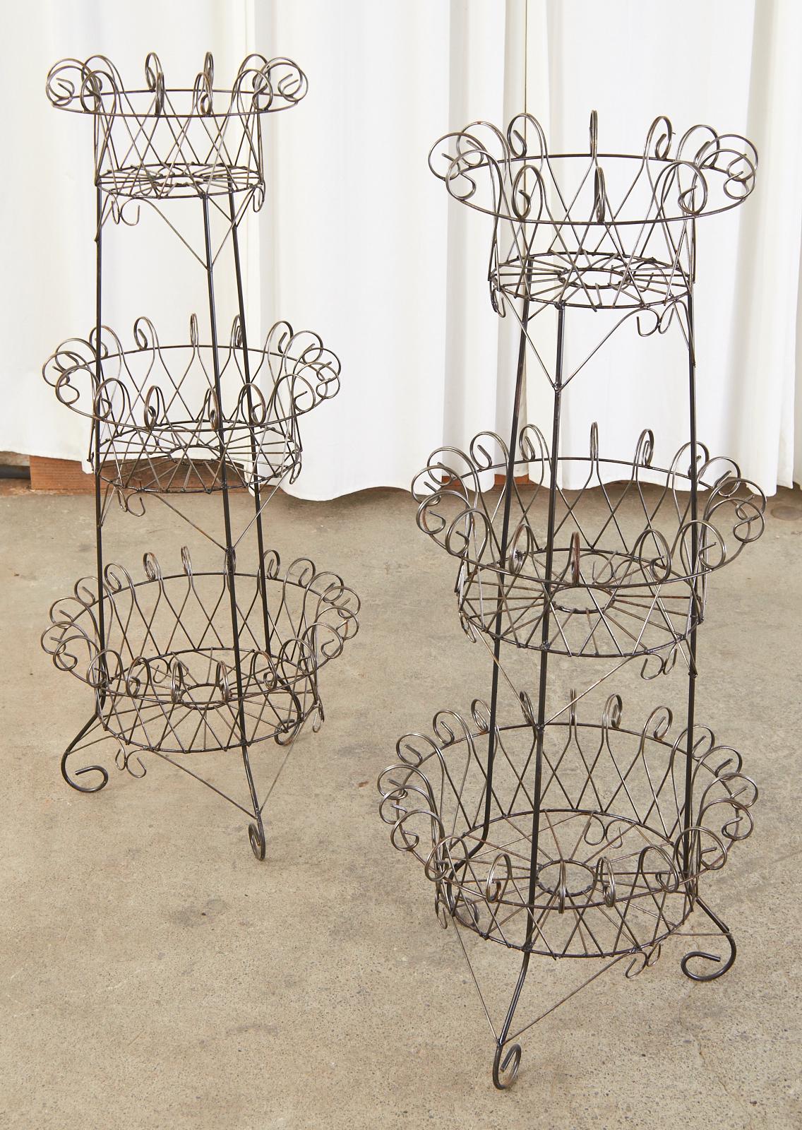 Hand-Crafted Pair of French Art Nouveau Style 3 Tier Wire Plant Stands