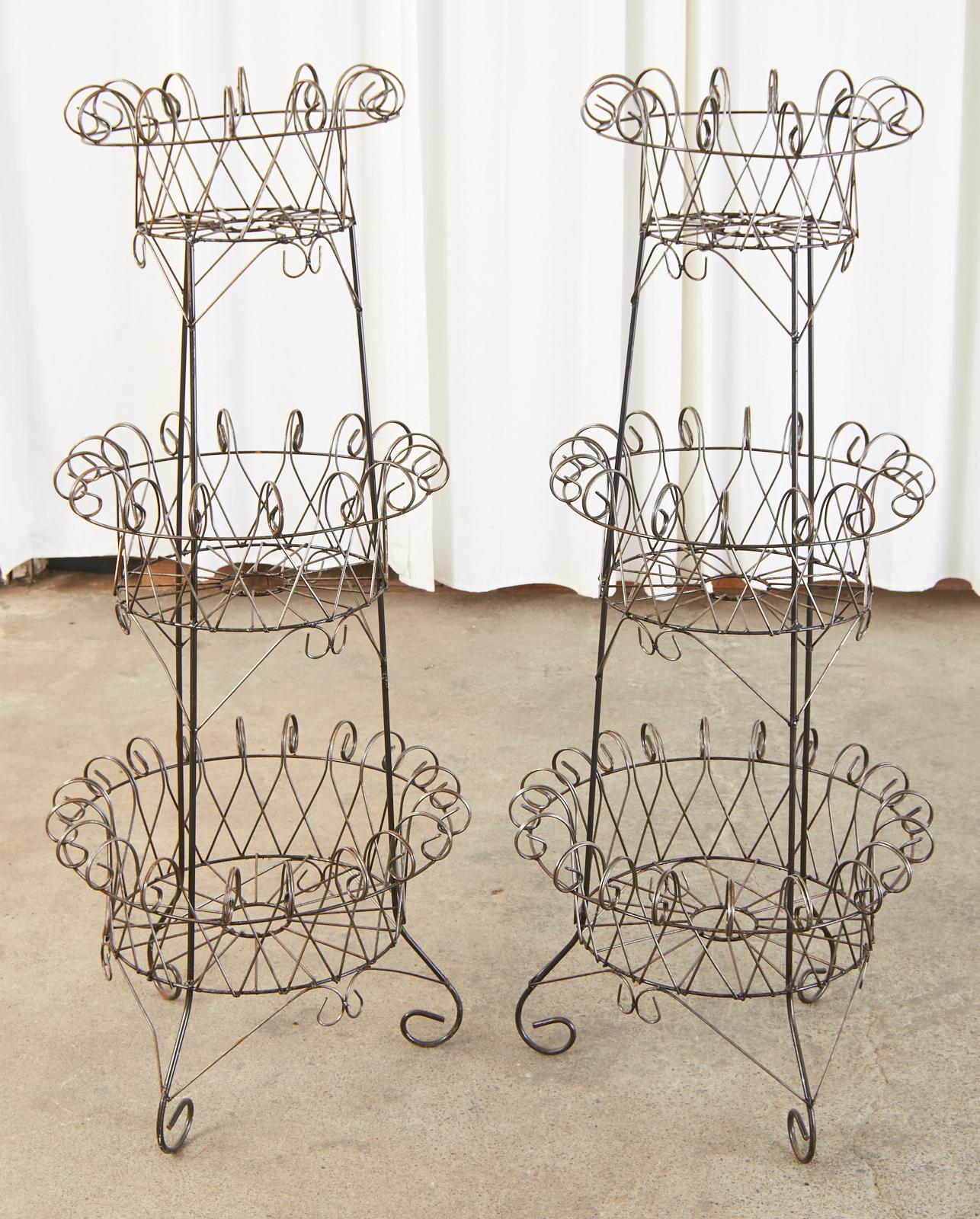 20th Century Pair of French Art Nouveau Style 3 Tier Wire Plant Stands
