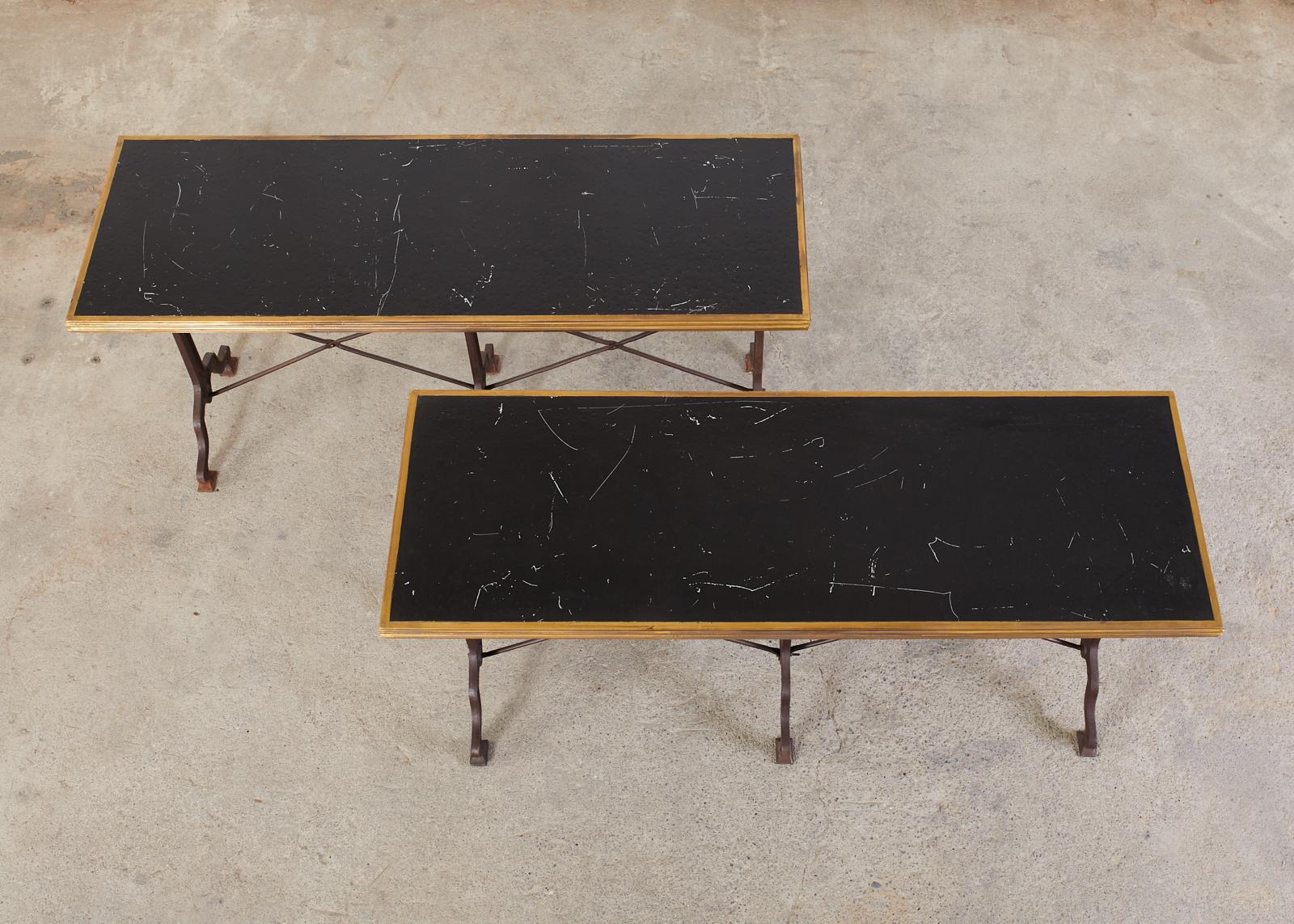 Cast Pair of French Art Nouveau Style Triple Pedestal Bistro Tables For Sale