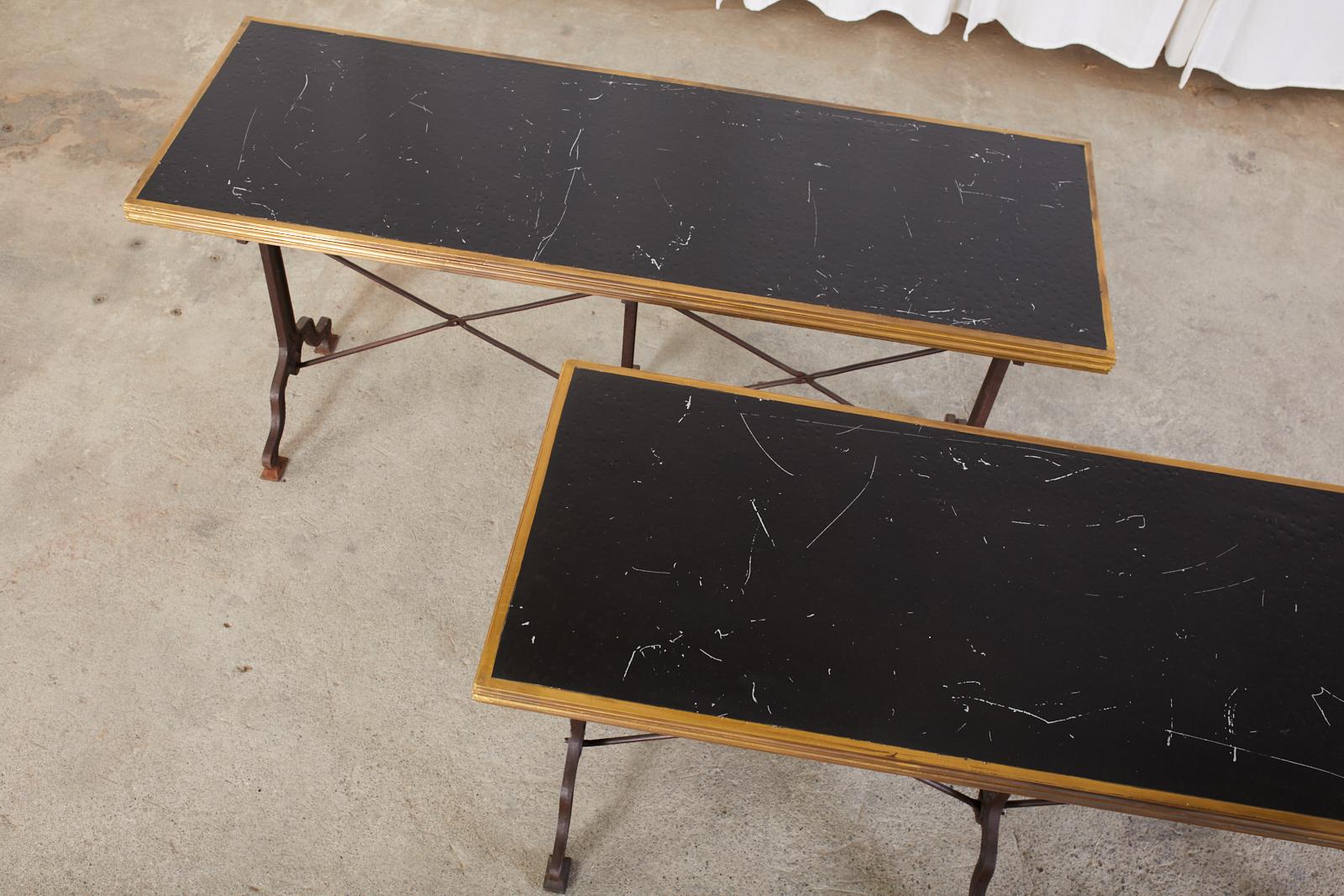 Metal Pair of French Art Nouveau Style Triple Pedestal Bistro Tables For Sale