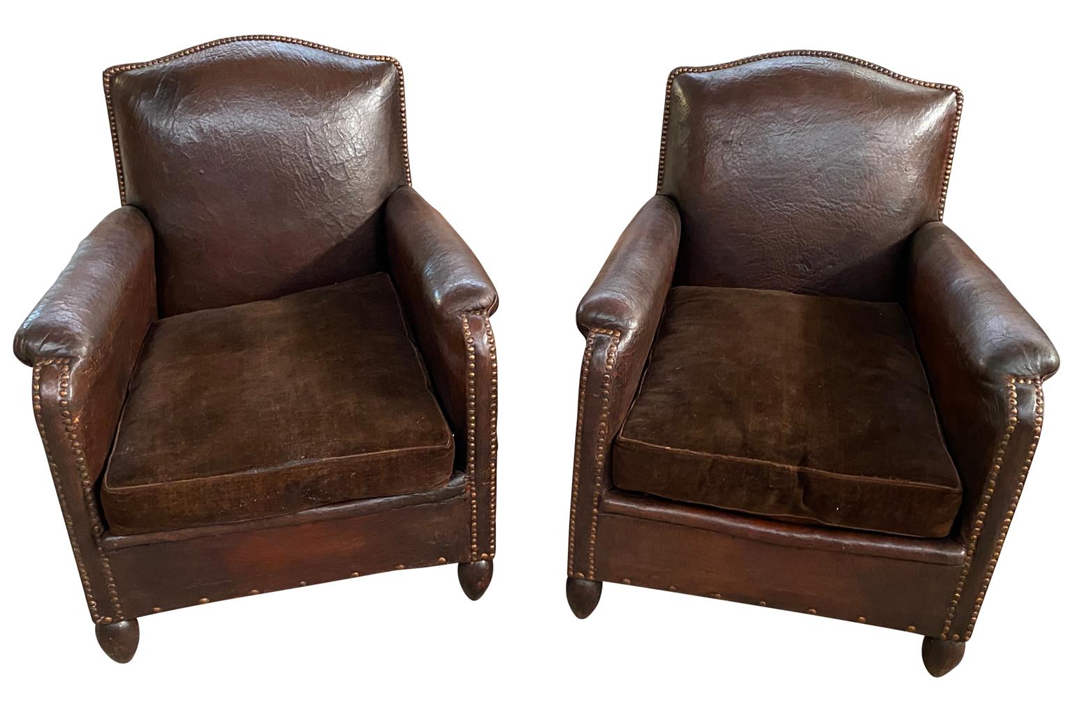 Leather Pair of French Arte Deco Period Club Chairs