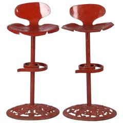 Pair of French Artisanal Red Iron Bar Stools, Mid-1900s