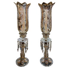 Antique Pair of French Baccarat Crystal Hurricane Lanterns