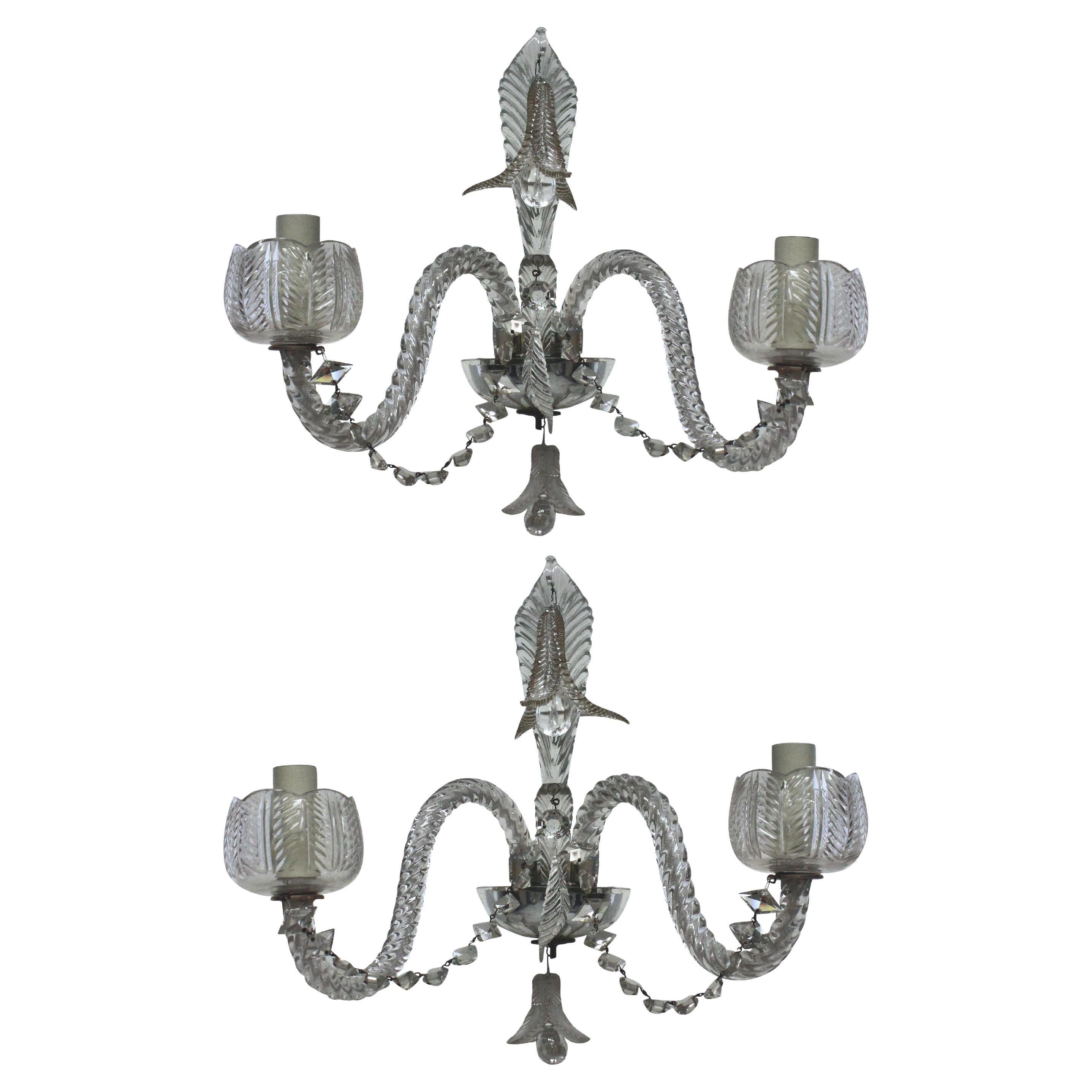 Pair Of French Baccarat Cut Glass Twin Branch Wall Lights
