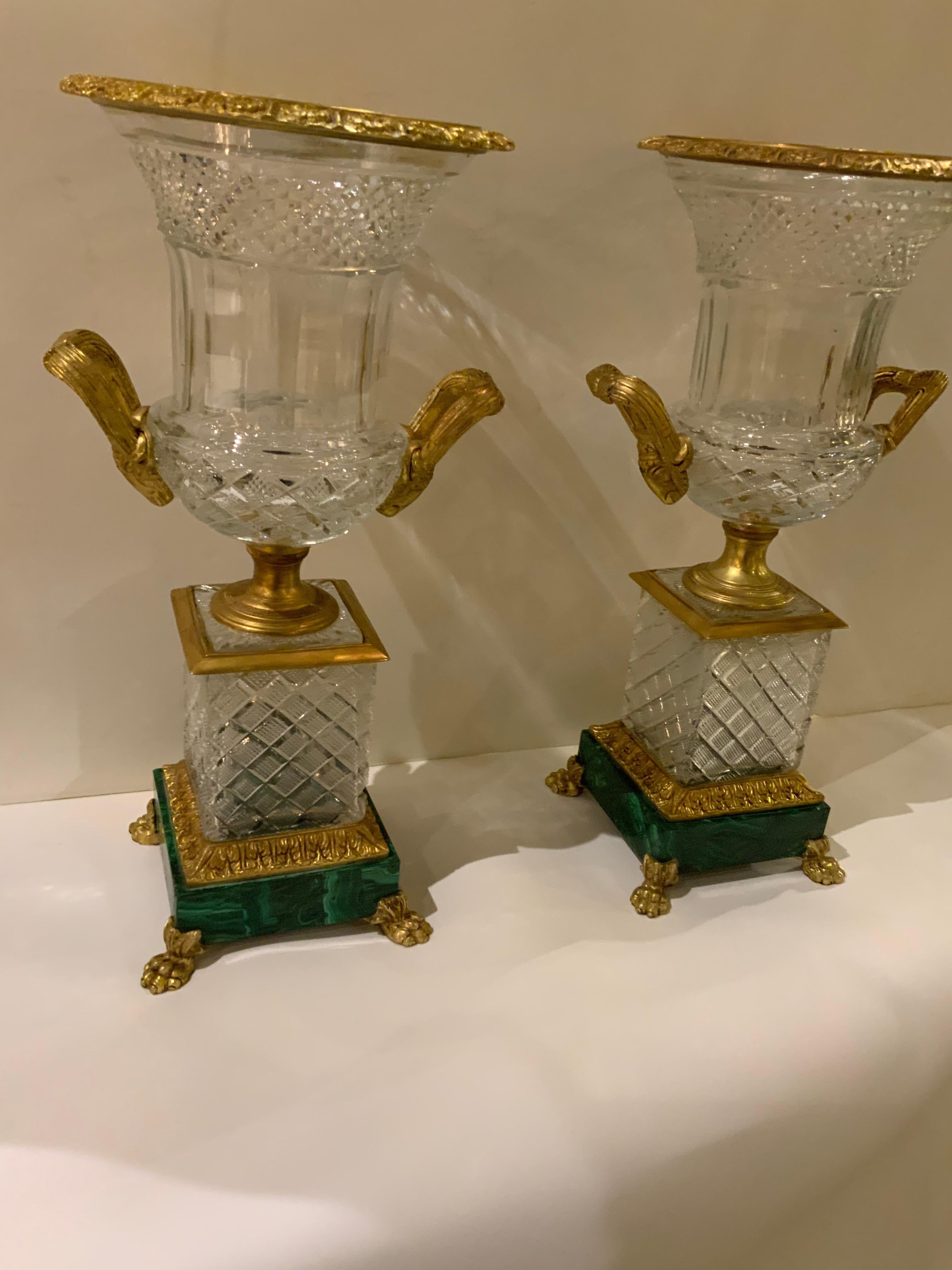 Pair of French Baccarat Style Cut Crystal Urns, Bronze Dore Mounts on Malachite In Excellent Condition In Houston, TX