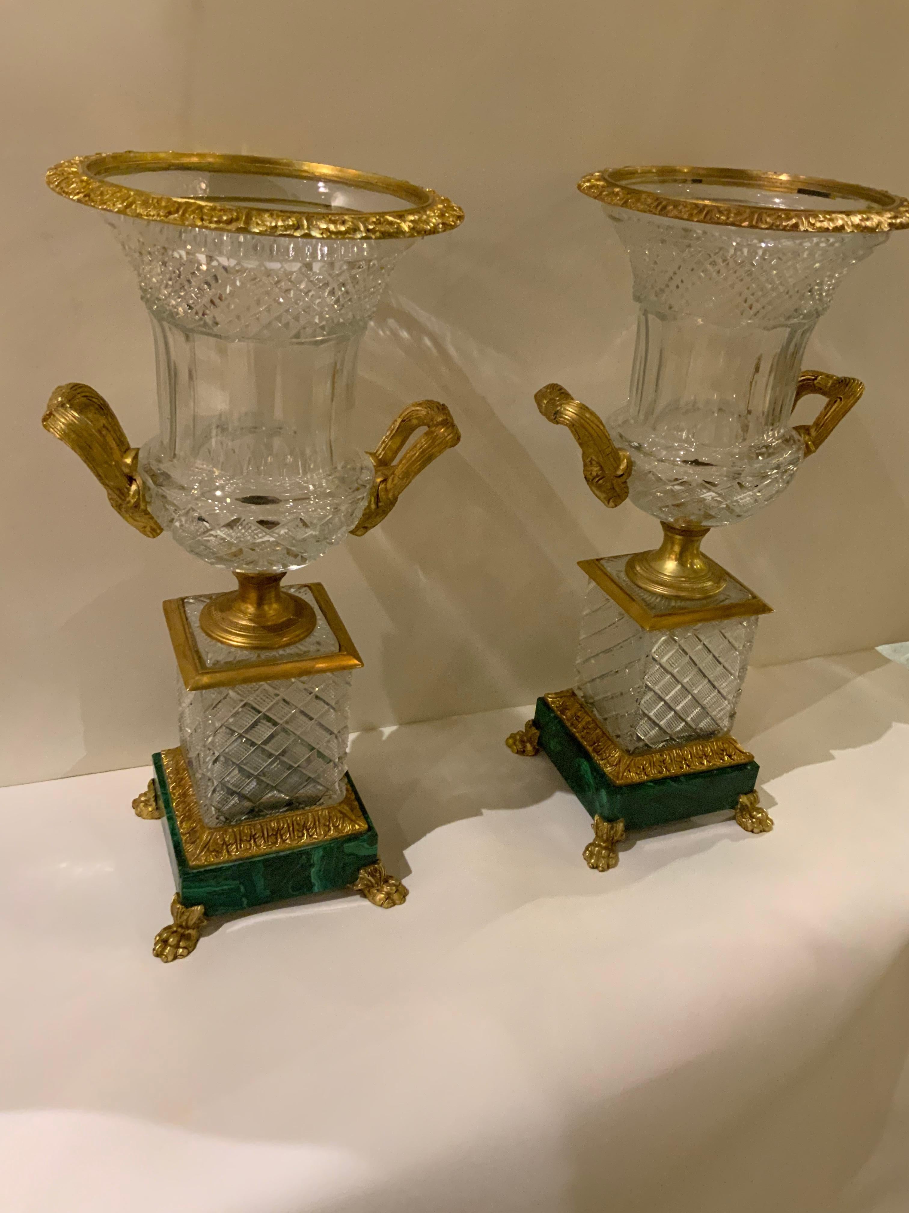20th Century Pair of French Baccarat Style Cut Crystal Urns, Bronze Dore Mounts on Malachite