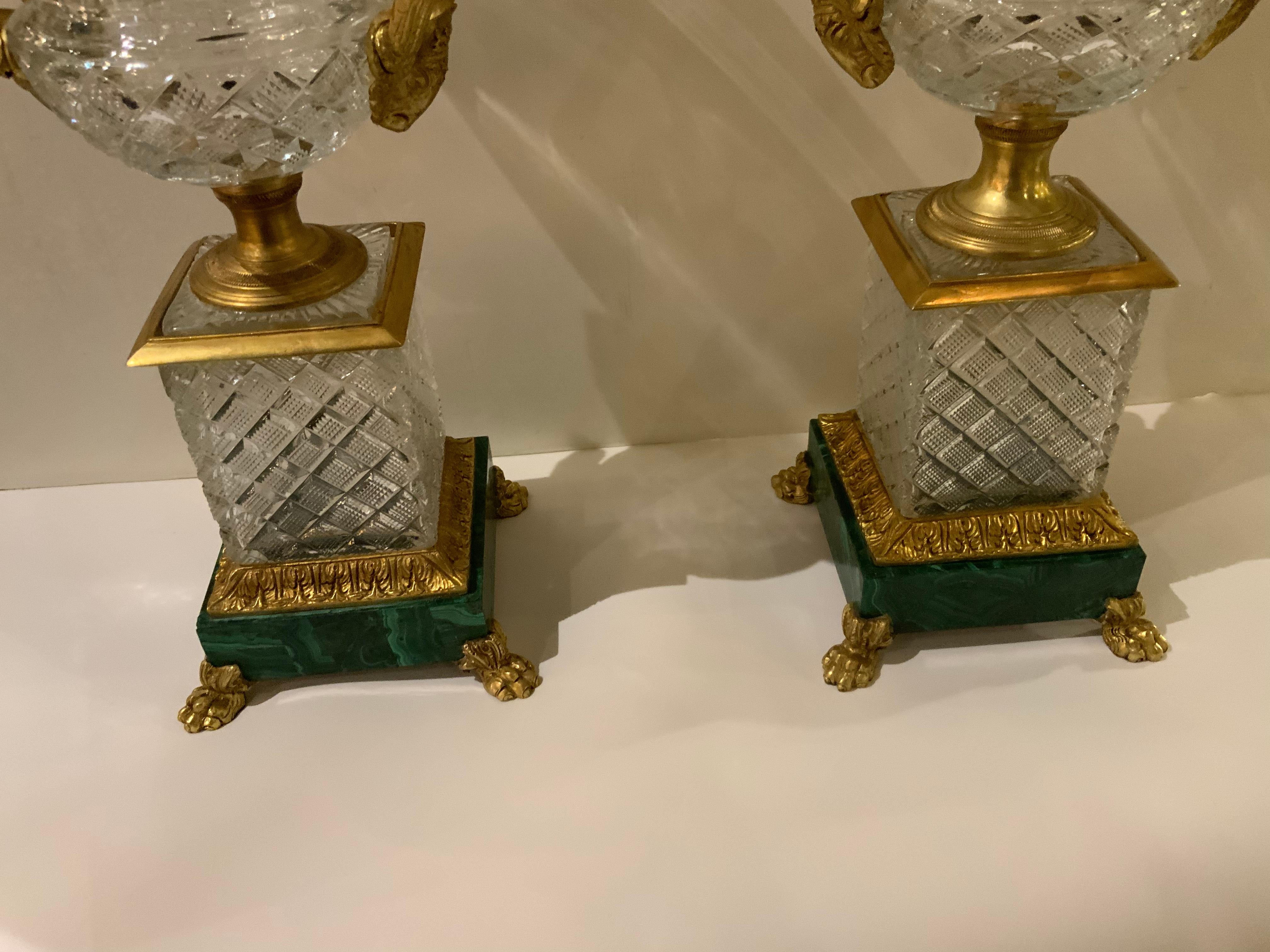 Pair of French Baccarat Style Cut Crystal Urns, Bronze Dore Mounts on Malachite 1