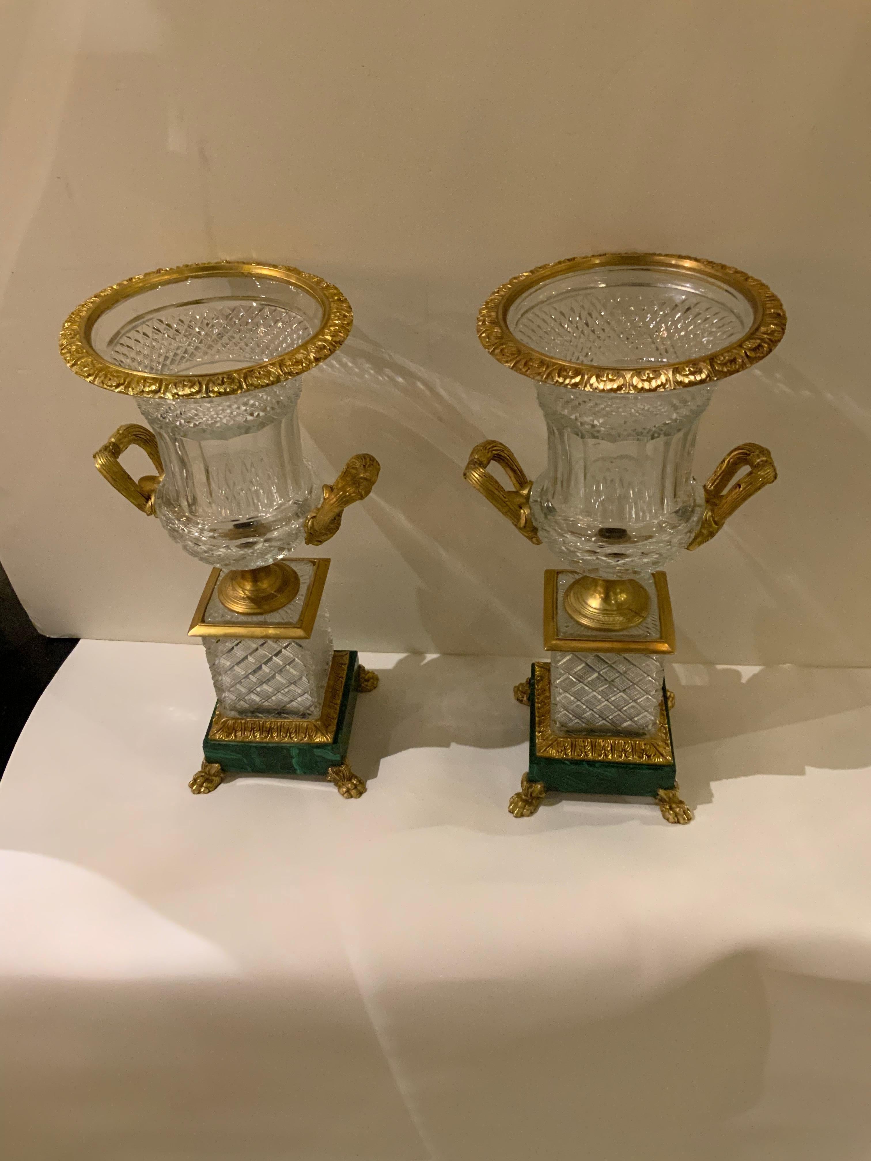 Pair of French Baccarat Style Cut Crystal Urns, Bronze Dore Mounts on Malachite 2