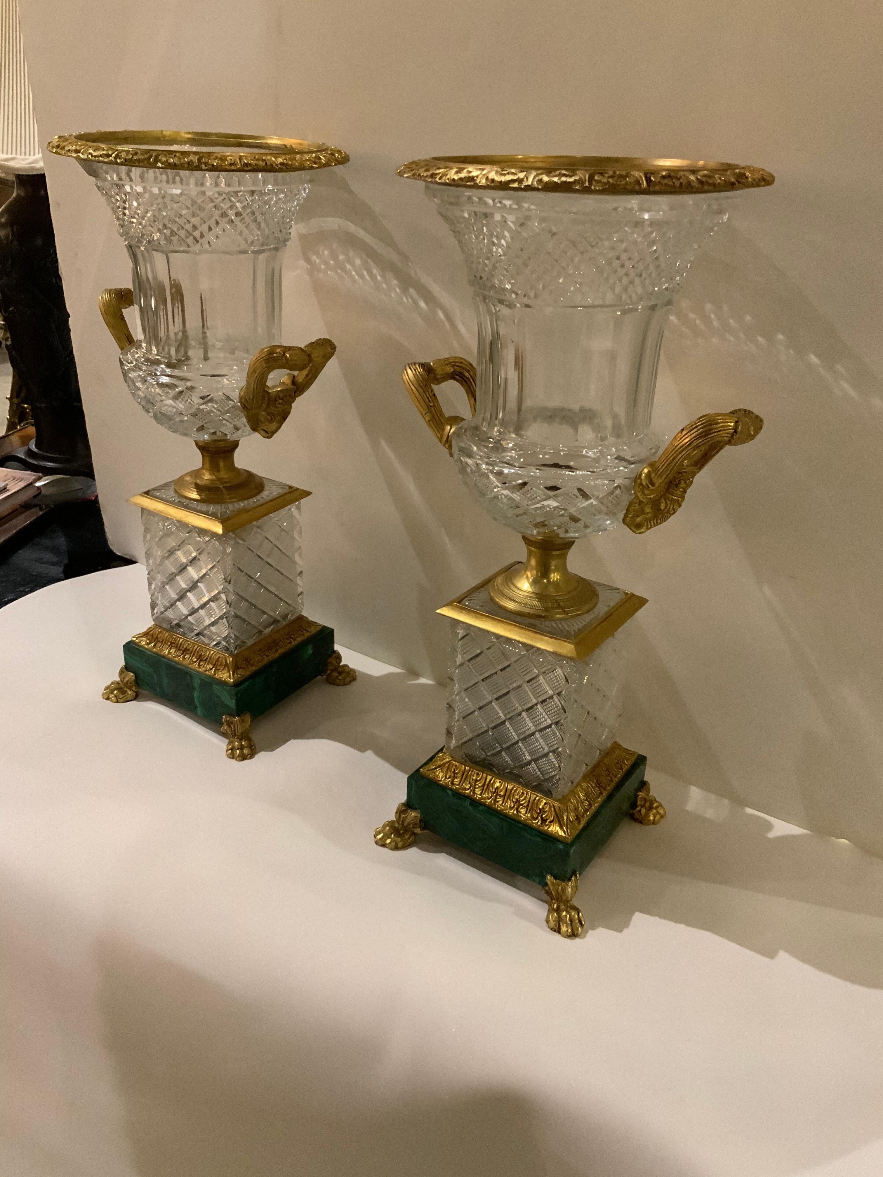 Pair of French Baccarat Style Cut Crystal Urns, Bronze Dore Mounts on Malachite 3