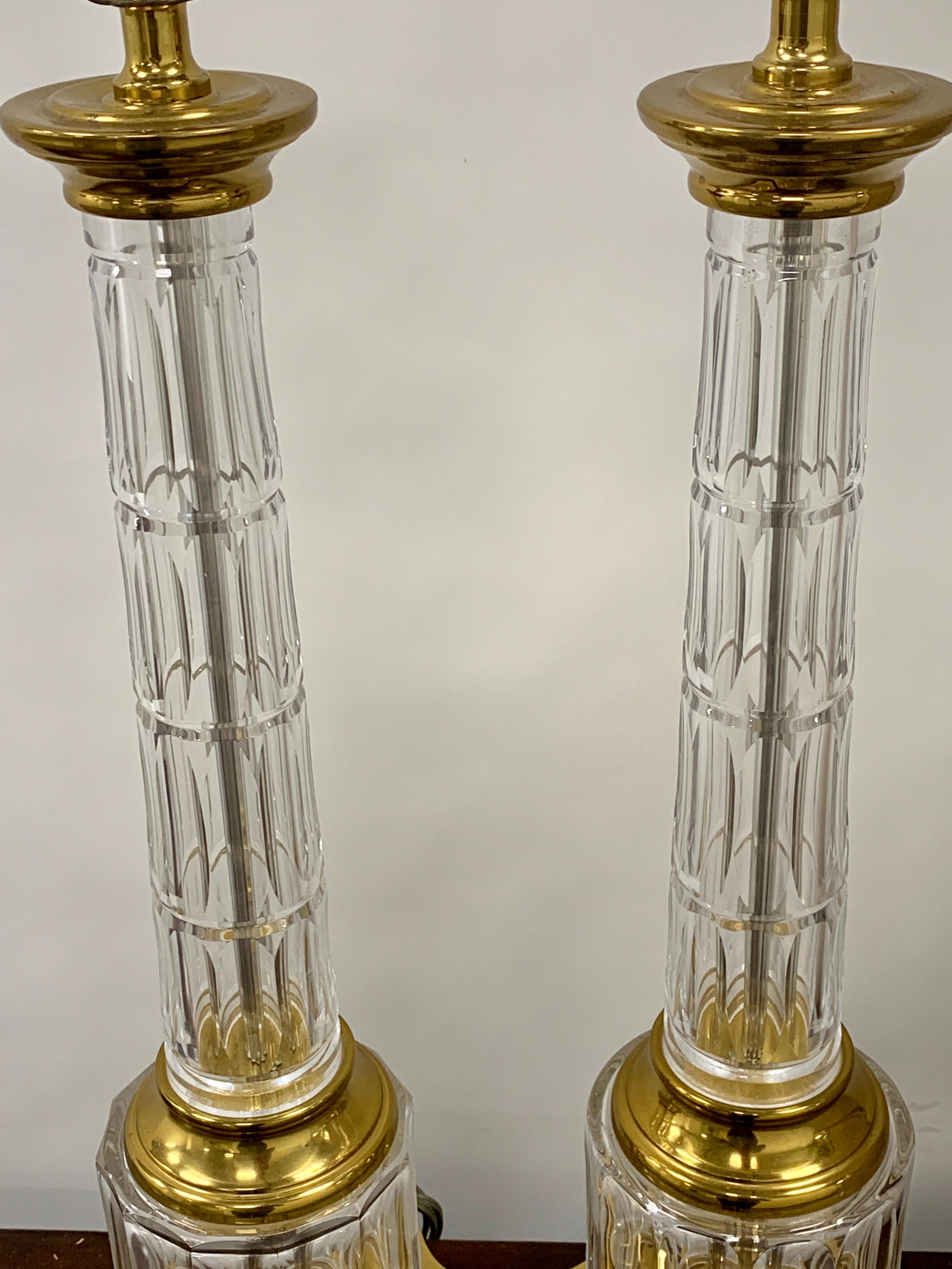 Neoclassical Pair of French Baccarat Style Cut Glass Column Lamps