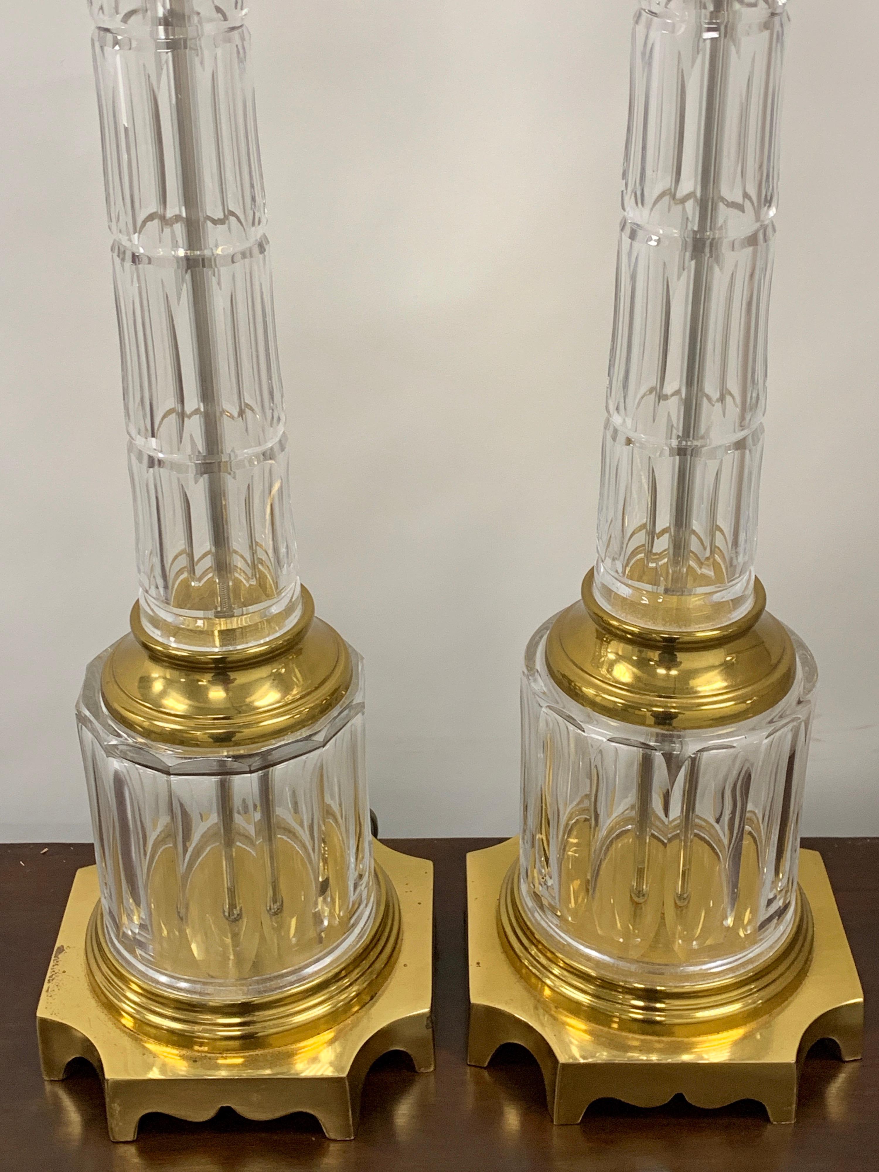 Pair of French Baccarat Style Cut Glass Column Lamps In Excellent Condition In Atlanta, GA