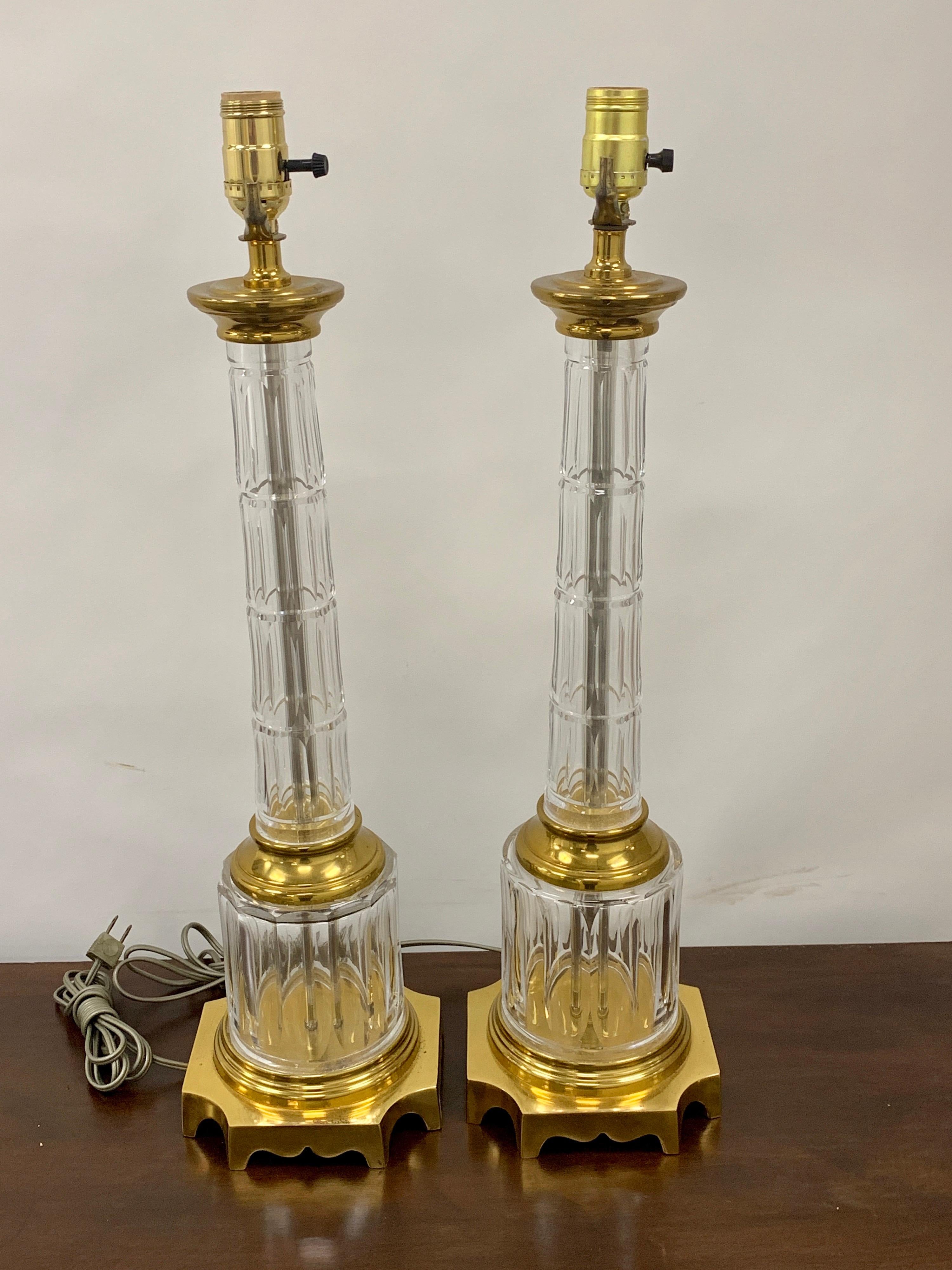 20th Century Pair of French Baccarat Style Cut Glass Column Lamps