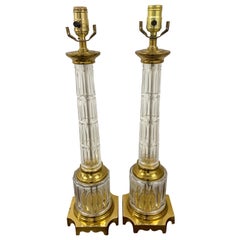 Pair of French Baccarat Style Cut Glass Column Lamps