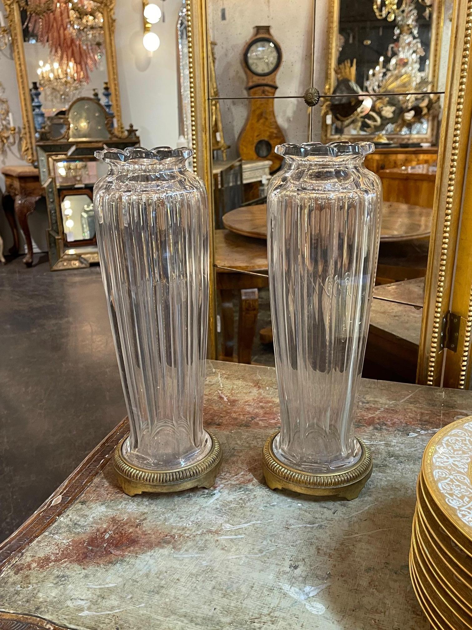 Bronze Pair of French Baccarat Vases For Sale
