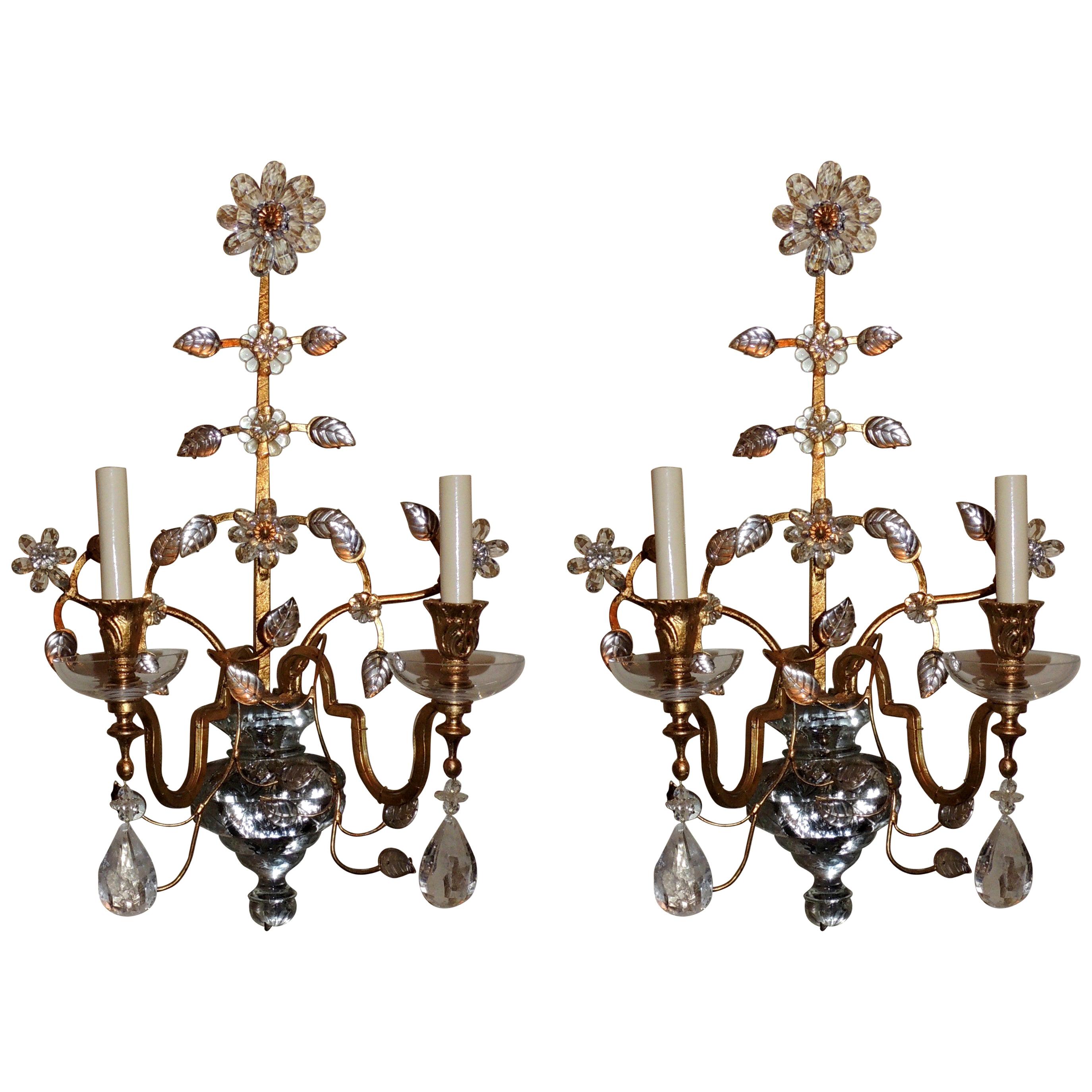 Pair of French Baguès Jansen Rock Crystal Gold Gilt Glass Two-Arm Sconces For Sale
