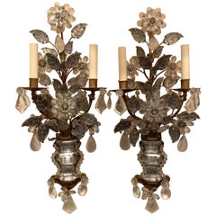 Pair of French Baguès Rock Crystal Gold Gilt Flower Leaf Urn Form Sconces
